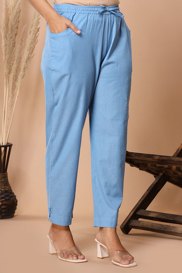 Blue Handloom Cotton Narrow Pants