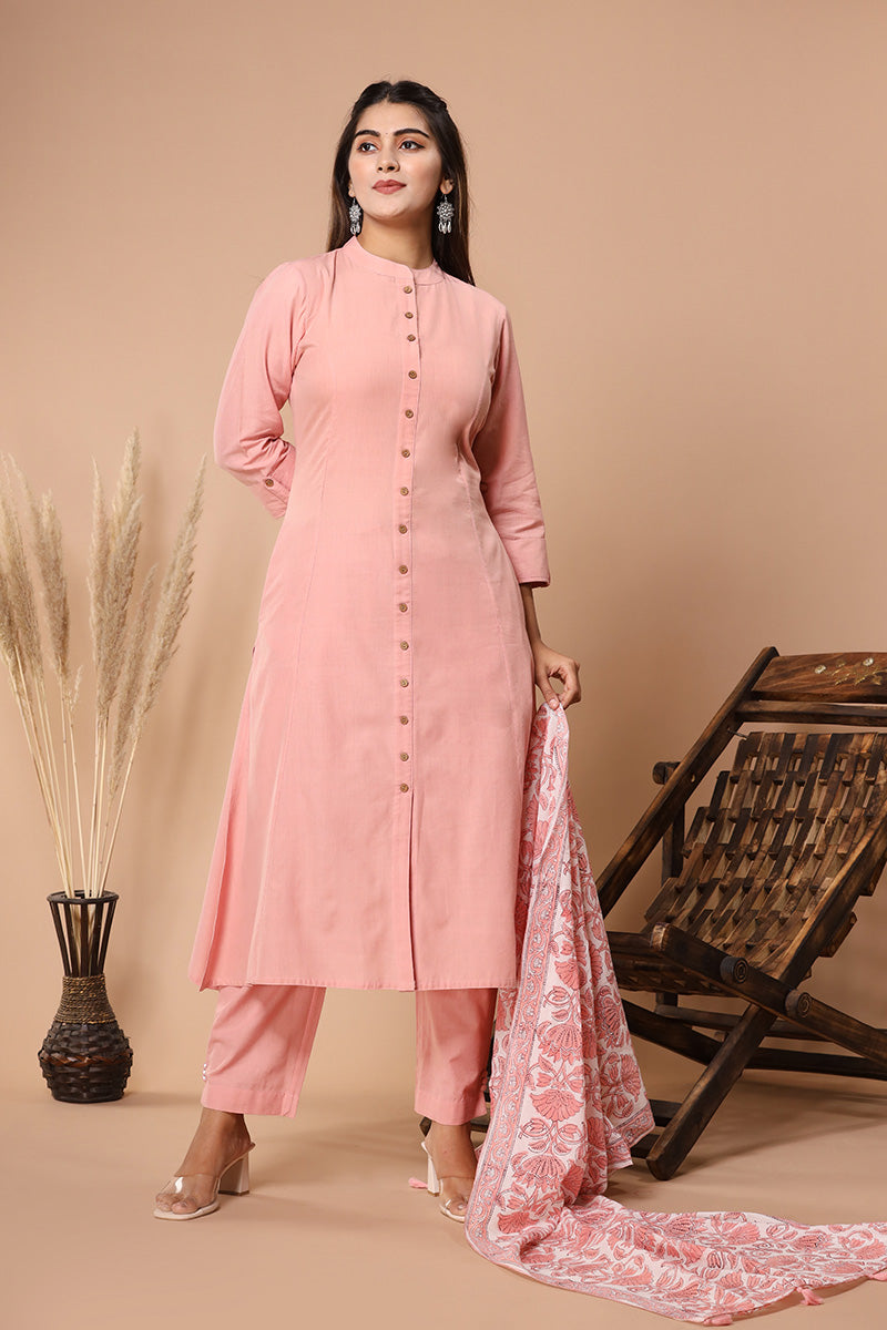 Anouk - By Myntra Kurti Set For Women Indian Style Mandarin Collar Pink  Solid Polyester Calf Length Yarn Dyed Regular Kurta with Trousers Kurti Set  Party Wear - Walmart.com