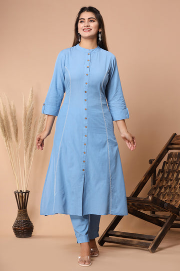 Blue Handloom Cotton A-line Kurta with Pockets