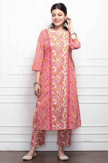 Pink White Block Printed Organic Cotton Straight Kurta